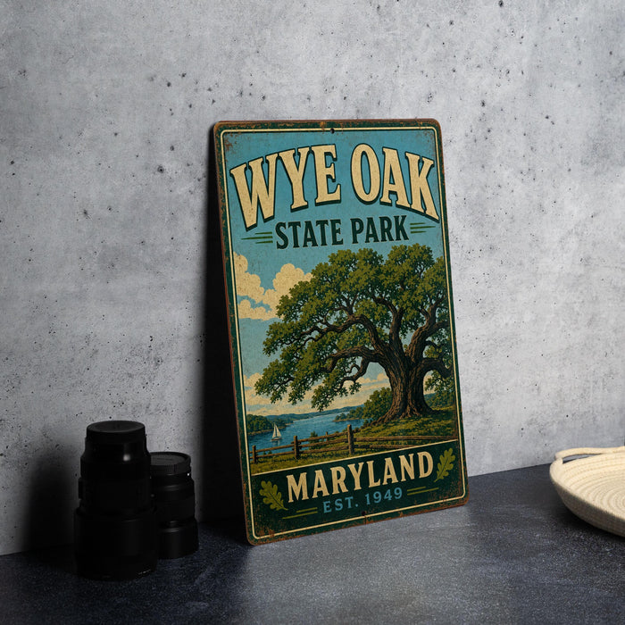 A vintage-style metal sign for Wyse Oak State Park in Maryland, featuring a large oak tree and a serene landscape.