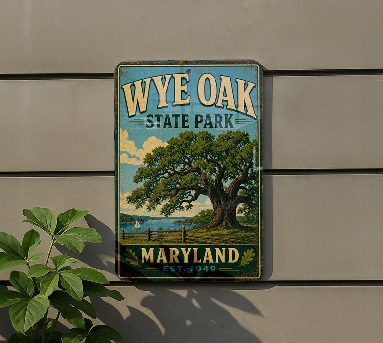A vintage metal sign for Wye Oak State Park in Maryland, featuring a large tree and a sailboat on the water.
