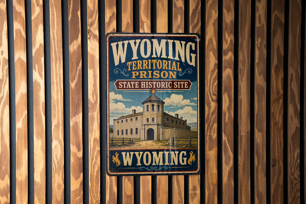 A vintage-style metal sign that reads "Wyoming Territorial Prison State Historic Site" is displayed on a wooden wall.
