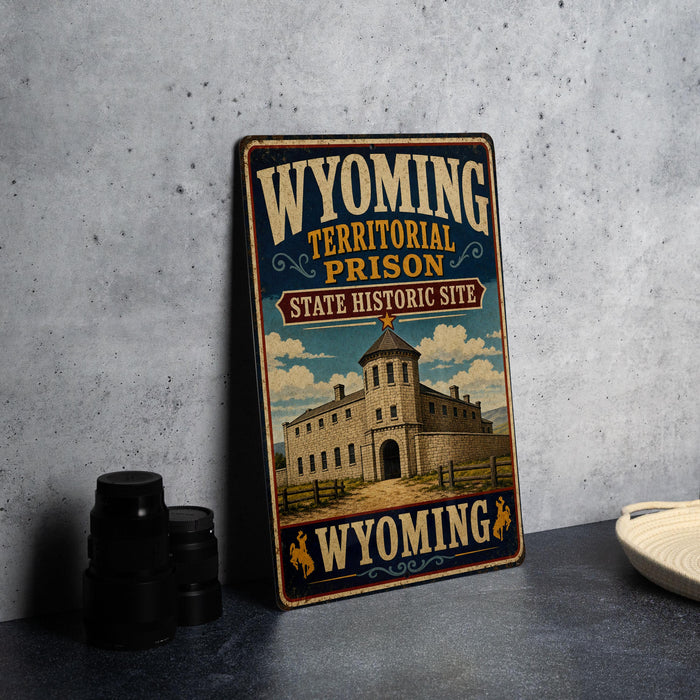 A vintage-style metal sign for the Wyoming Territorial Prison State Historic Site, featuring an illustration of a historic building.