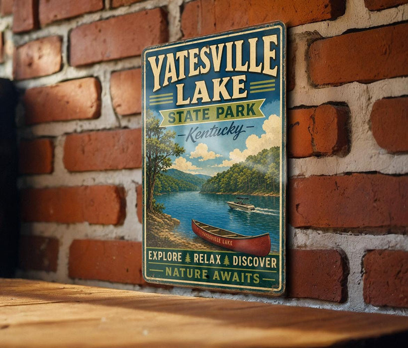 A vintage-style sign for Yatesville Lake, Kentucky, featuring a scenic illustration of a lake with a canoe, promoting outdoor activities and nature exploration.