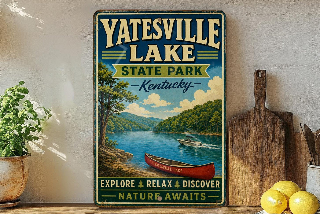 A vintage-style sign for Yatesville Lake State Park in Kentucky, featuring a scenic image of a canoe on the lake and a wooded area in the background.