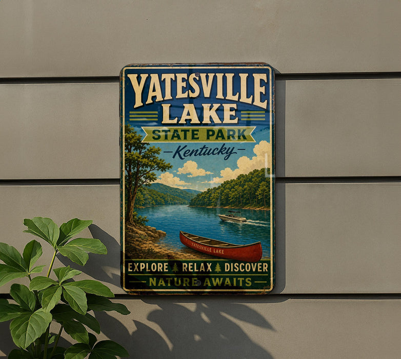 A vintage-style sign for Yatesville Lake, Kentucky, featuring a scenic image of a canoe on the lake and a forested landscape.