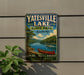 A vintage-style sign for Yatesville Lake, Kentucky, featuring a scenic image of a canoe on the lake and a forested landscape.