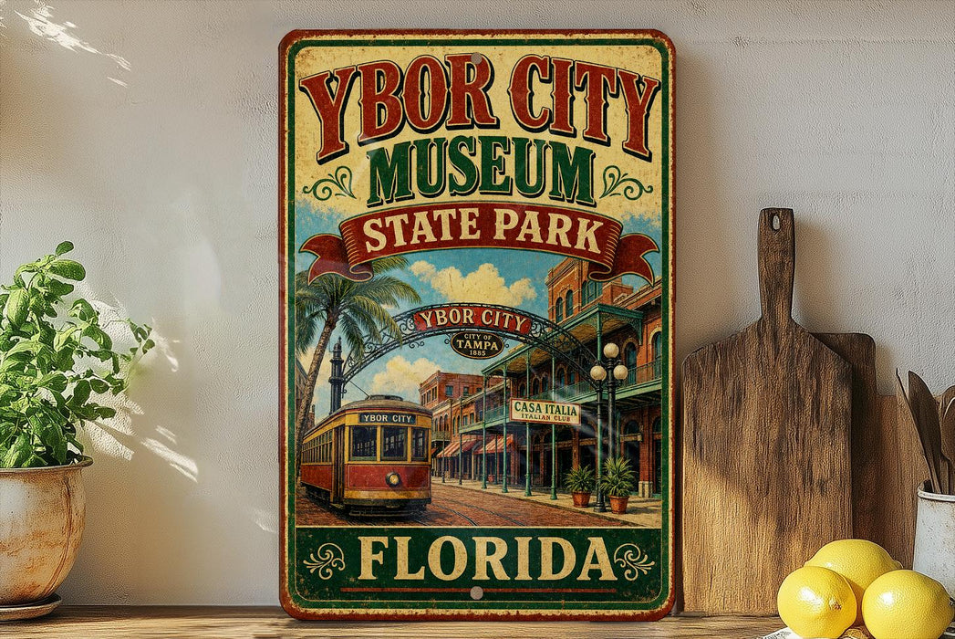 A vintage-style metal sign for Ybor City Museum, Florida, featuring a trolley car and a tropical city scene.