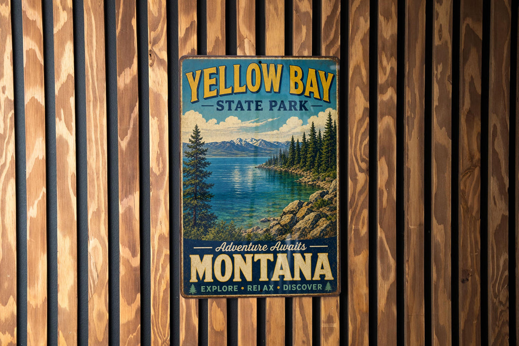 A vintage metal sign for Yellow Bay State Park, featuring a scenic landscape with a lake, mountains, and pine trees.
