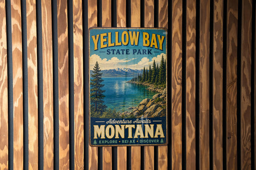 A vintage metal sign for Yellow Bay State Park, featuring a scenic landscape with a lake, mountains, and pine trees.