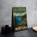 A vintage-style metal sign for Yellow Bay State Park in Montana, featuring a scenic landscape with pine trees, mountains, and a lake.
