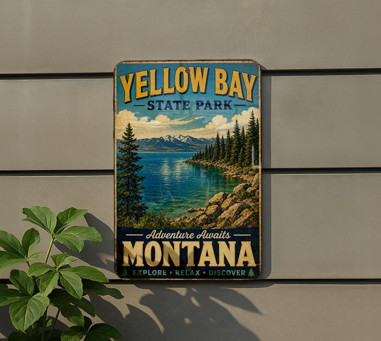 A vintage-style metal sign for Yellow Bay State Park, featuring a scenic landscape with a lake, mountains, and pine trees.