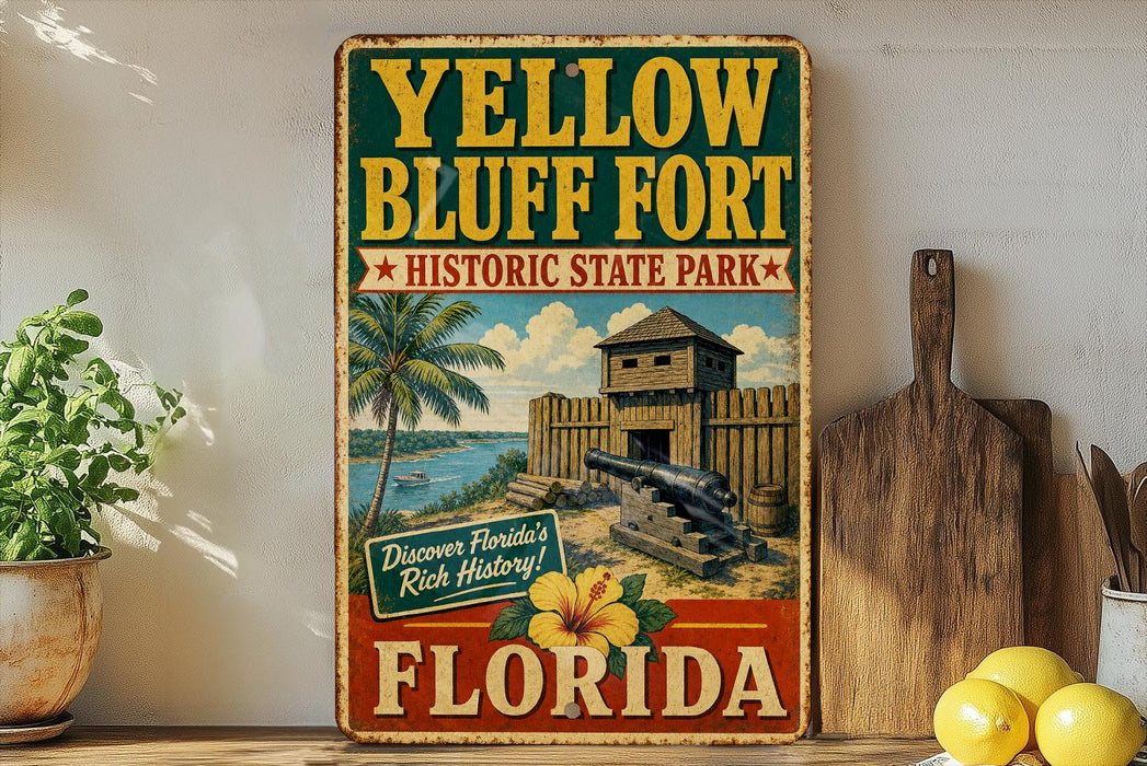 A vintage-style sign for Yellow Bluff Fort, a historic state park in Florida, featuring a palm tree, cannon, and a wooden fence.