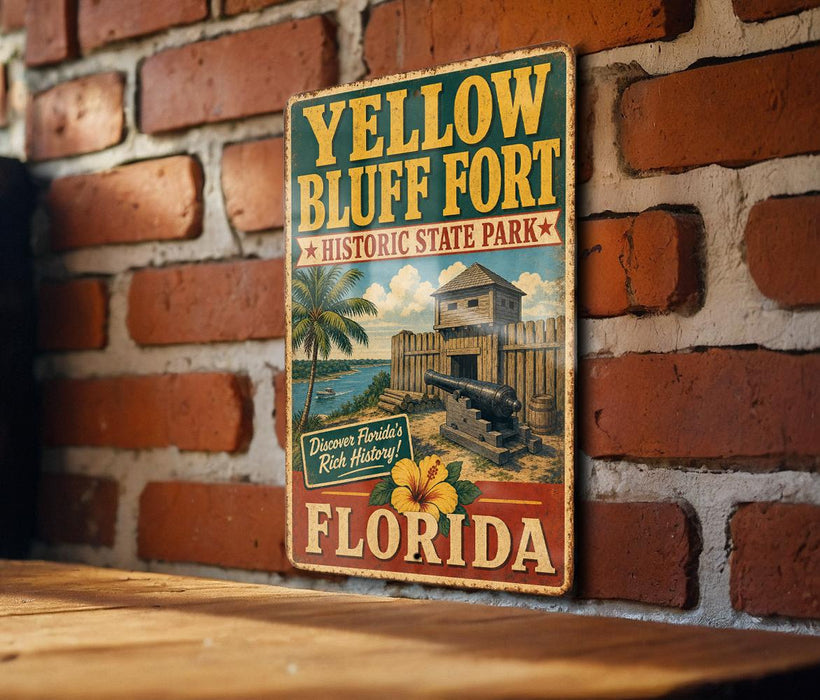 A vintage-style metal sign for the historic state park, Yellow Bluff Fort, in Florida, featuring a palm tree and a cannon.