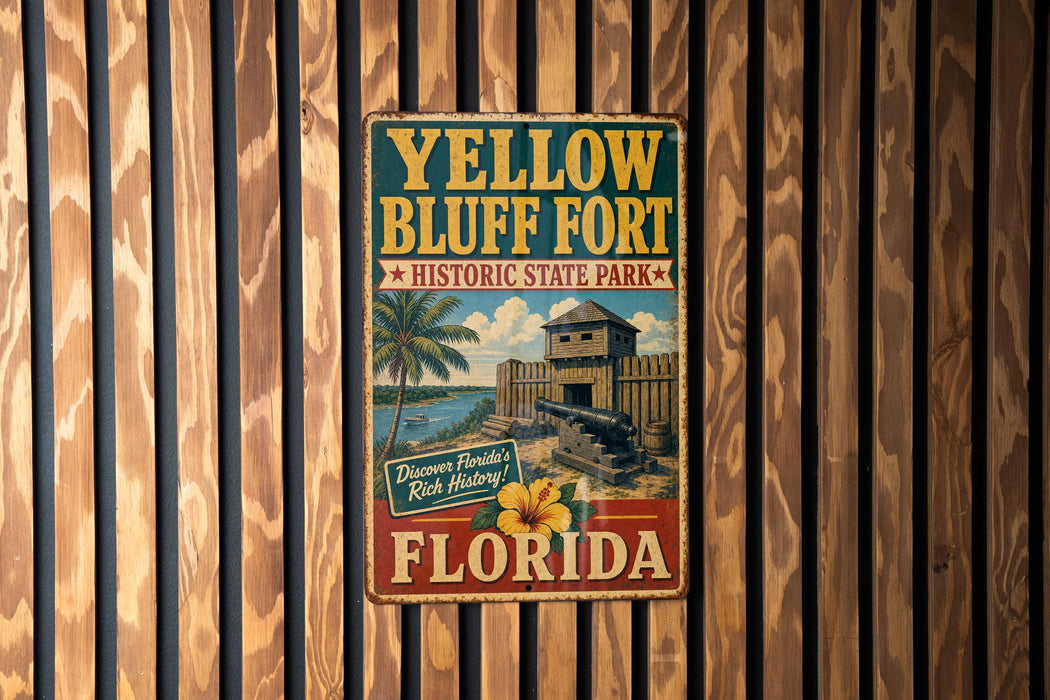 A vintage-style metal sign for the historic Bluff Fort in Florida, featuring a palm tree and a building, is displayed on a wooden wall.