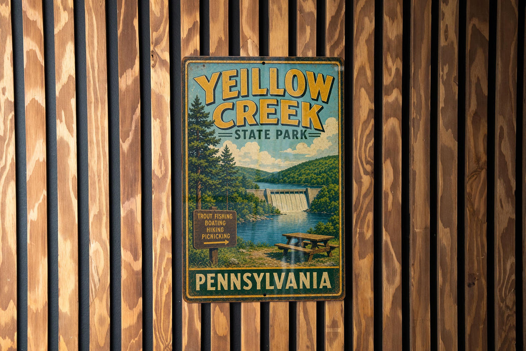 A vintage-style metal sign for Yeillow Creek State Park in Pennsylvania, featuring a scenic illustration of the park's natural surroundings.