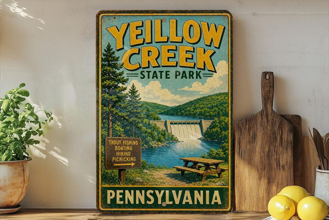 A vintage-style sign for Yellow Creek State Park in Pennsylvania, featuring a scenic image of the park with a waterfall and picnic area.