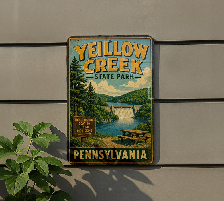 A vintage-style sign for Yellow Creek State Park in Pennsylvania, featuring a scenic image of the park and its surroundings.