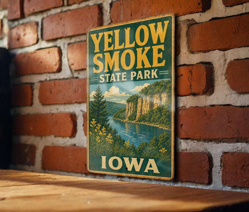 A vintage-style metal sign for Yellow Smoke State Park in Iowa, featuring a scenic landscape with a river and mountains.