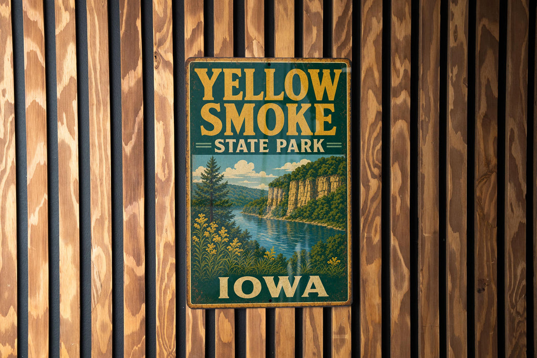 A vintage-style metal sign for Yellow Smoke State Park in Iowa, featuring a scenic landscape with a river and mountains.