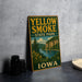 A vintage-style sign for Yellow Smoke State Park in Iowa, featuring a scenic landscape with a river and mountains.