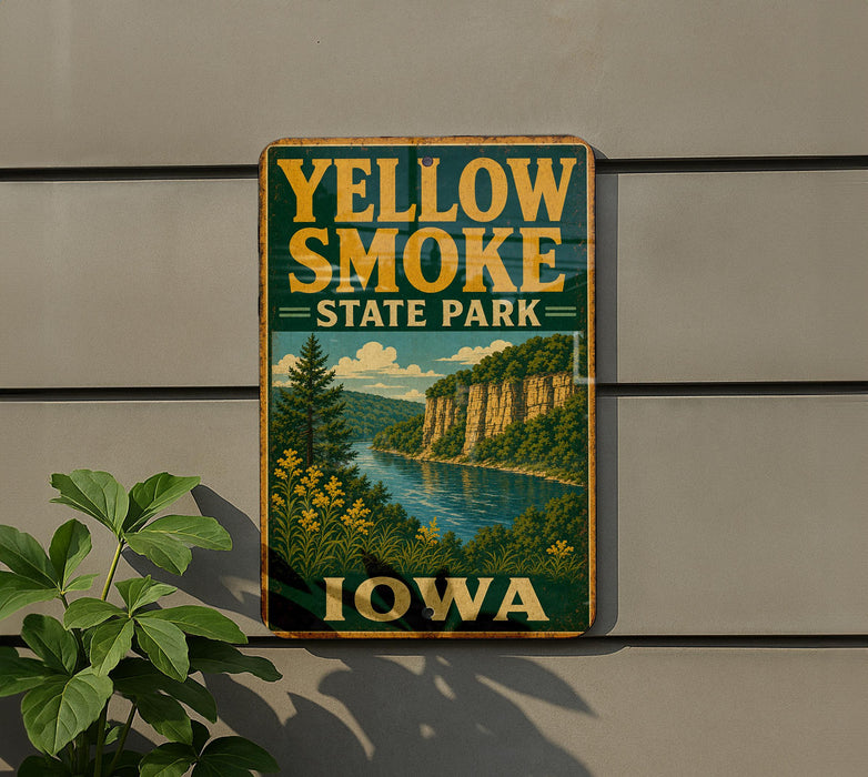 A vintage-style sign for Yellow Smoke State Park in Iowa, featuring a scenic landscape with a river and mountains.