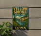 A vintage-style sign for Yellow Smoke State Park in Iowa, featuring a scenic landscape with a river and mountains.
