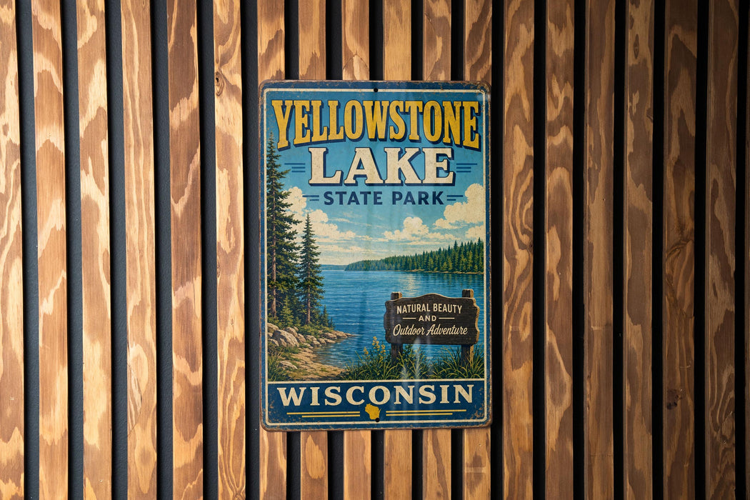 A vintage-style sign for Yellowstone Lake State Park in Wisconsin, featuring a scenic illustration of the lake surrounded by pine trees and mountains.
