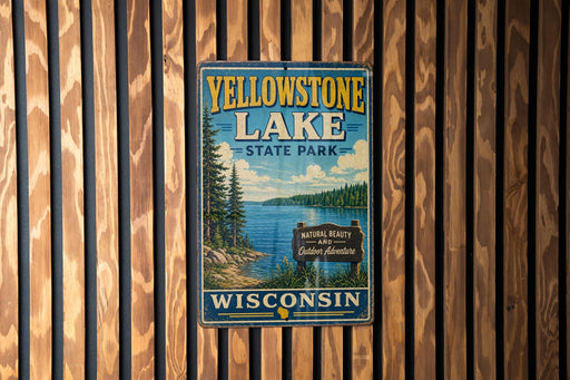 A vintage-style sign for Yellowstone Lake State Park in Wisconsin, featuring a scenic illustration of the lake surrounded by pine trees and mountains.