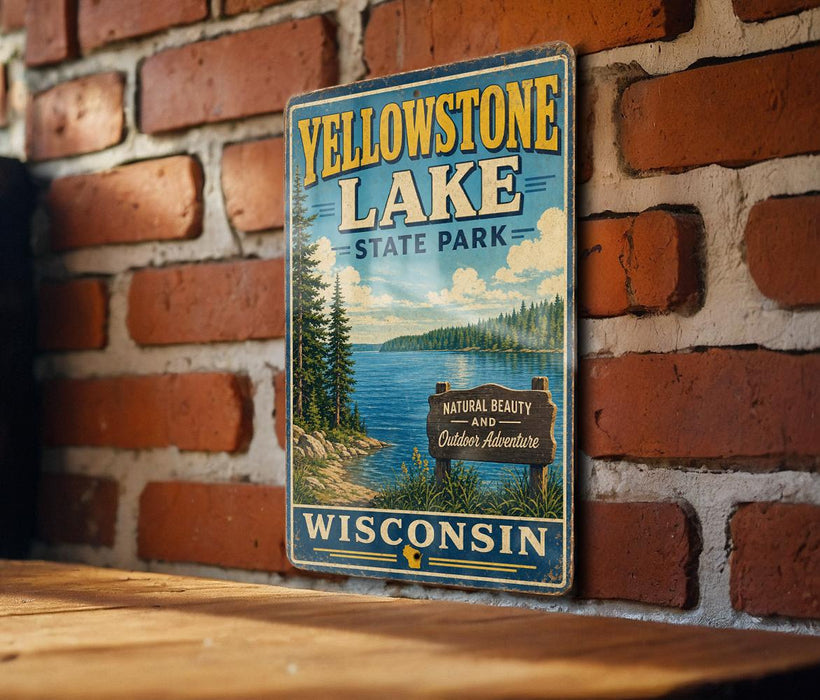 A vintage-style sign for Yellowstone Lake, Wisconsin, mounted on a brick wall.