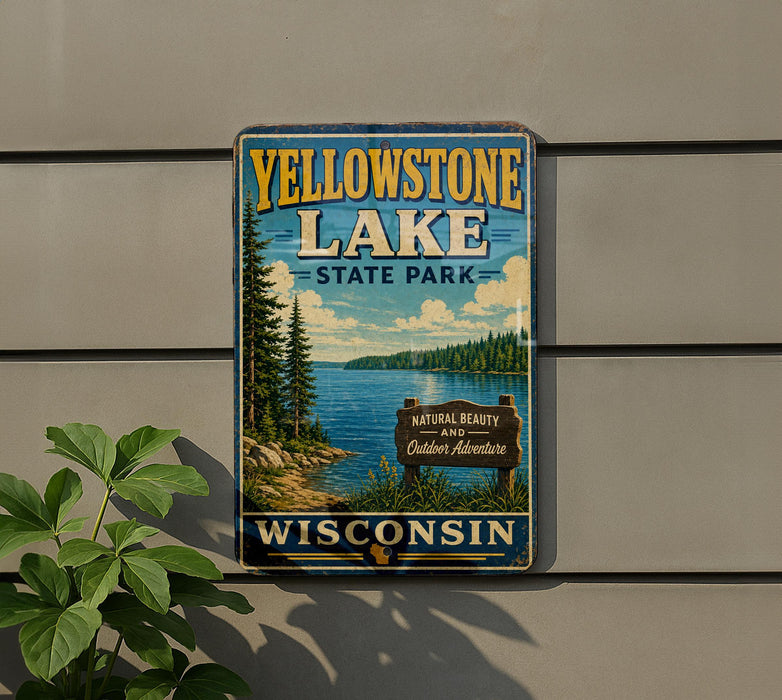 A vintage-style sign for Yellowstone Lake State Park in Wisconsin, featuring a scenic image of the lake surrounded by pine trees and mountains.