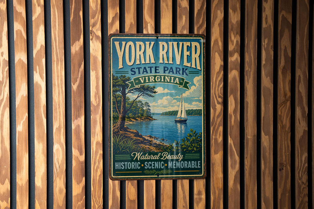A vintage-style metal sign for York River State Park, Virginia, featuring a scenic image of a sailboat on the water.