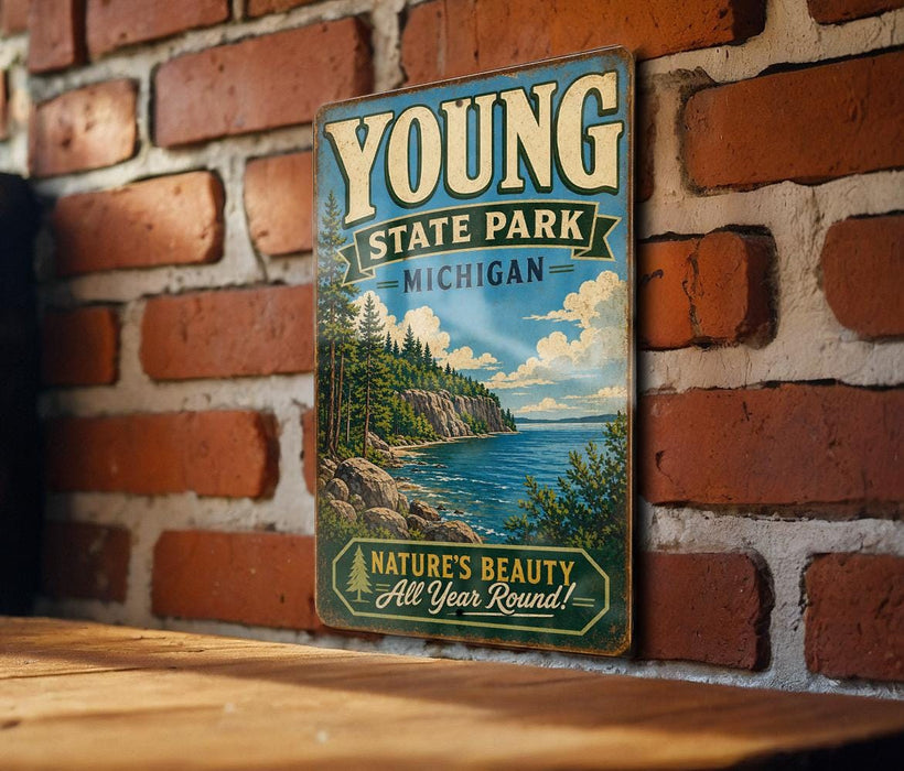 A vintage-style metal sign for Young State Park in Michigan, featuring a scenic landscape with a lake, mountains, and pine trees.