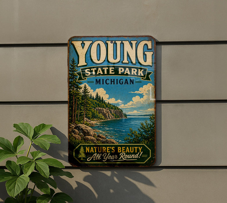 A vintage-style metal sign for Young State Park in Michigan, featuring a scenic landscape with pine trees, a lake, and mountains.