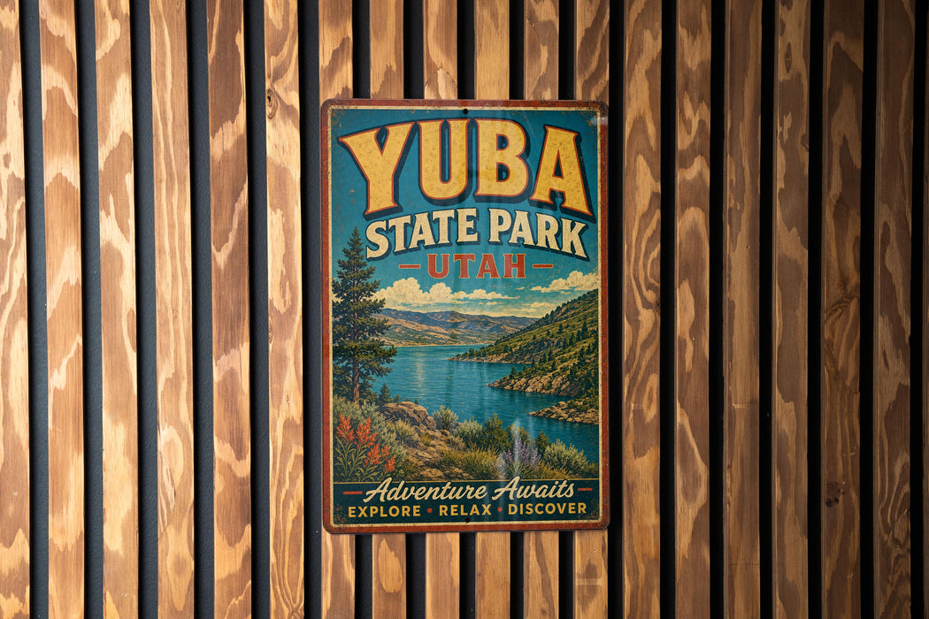 A vintage-style metal sign for Yuba State Park in Utah, featuring a scenic landscape with mountains, a lake, and a forest.