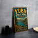 A vintage-style sign for Yuba State Park in Utah, featuring a scenic landscape with mountains, water, and pine trees.