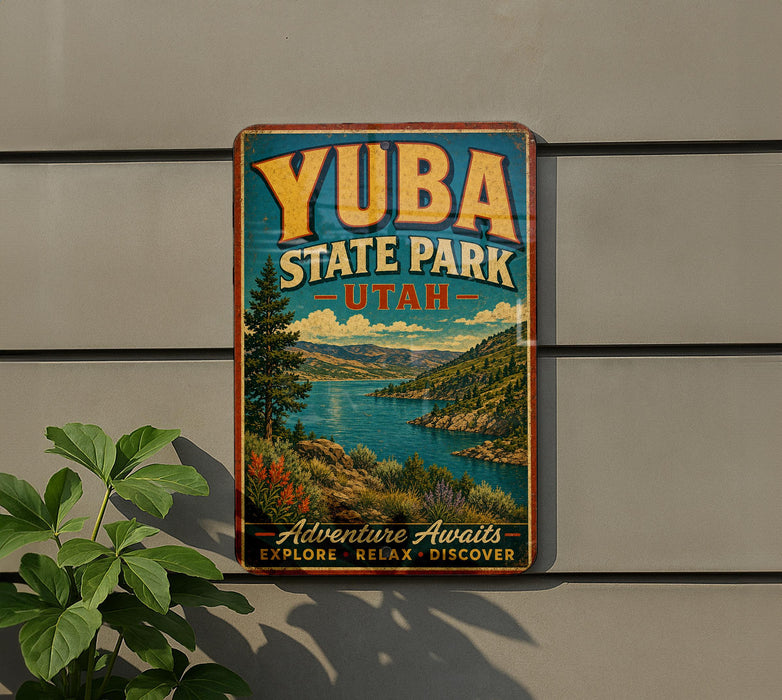 A vintage-style metal sign for Yuba State Park in Utah, featuring a scenic landscape with mountains, water, and trees.