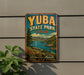 A vintage-style metal sign for Yuba State Park in Utah, featuring a scenic landscape with mountains, water, and trees.