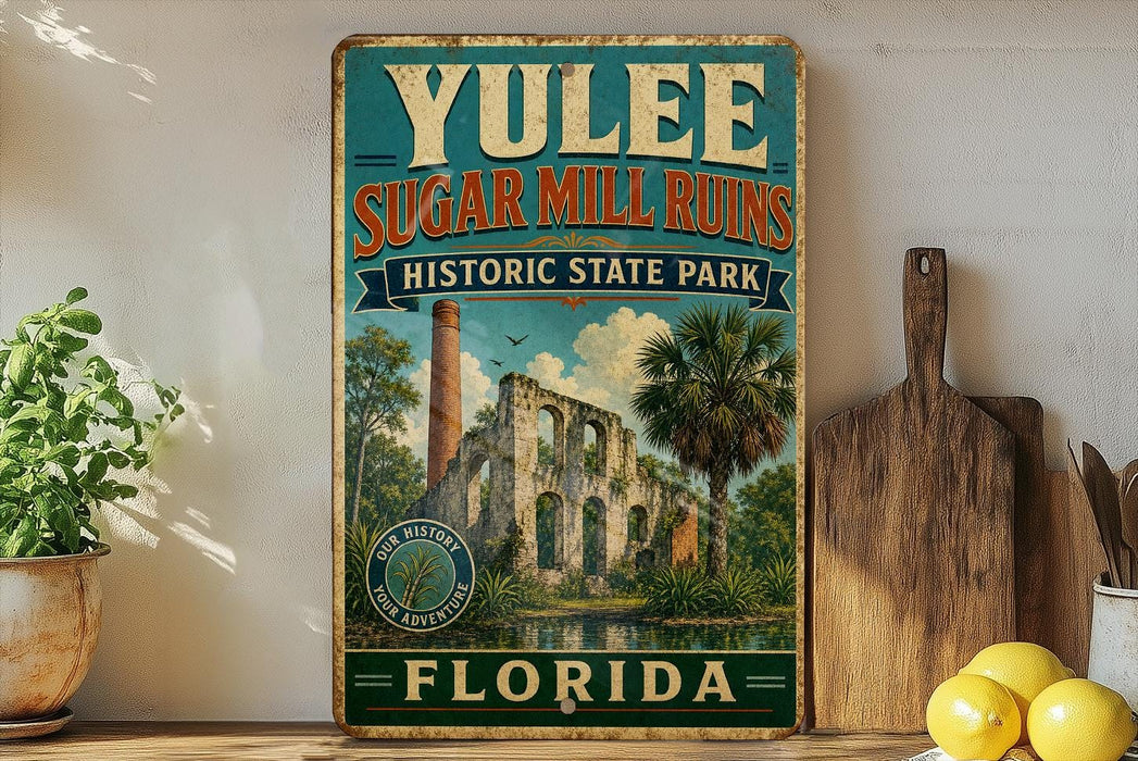 A vintage-style sign for Yulee Sugar Mill Ruins, a historic state park in Florida, with a tropical landscape and palm trees.