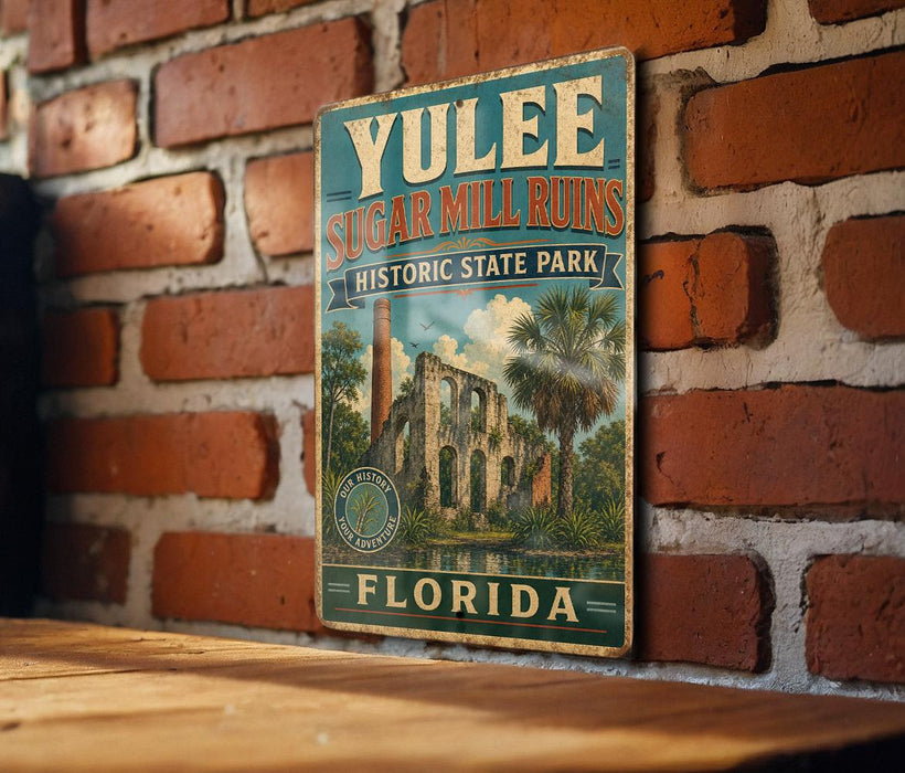 A vintage-style metal sign for Yulee Sugar Mill Ruins, a historic state park in Florida, is displayed on a brick wall.
