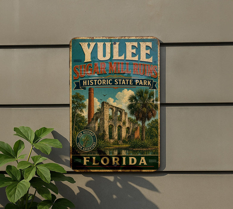A vintage-style sign for Yulee Sugar Mill Ruins, a historic state park in Florida, with a palm tree and a body of water in the background.