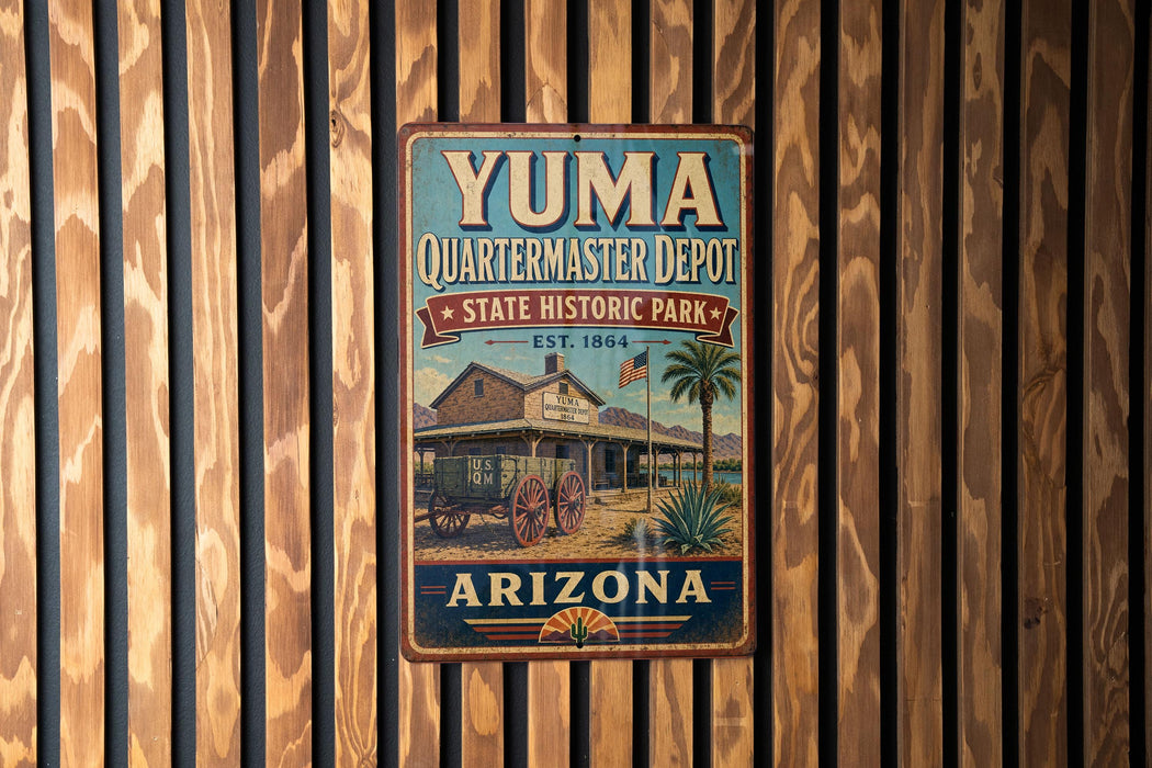 A vintage-style metal sign for Yuma Quartermaster Depot, a historic park in Arizona, with a wooden fence in the background.