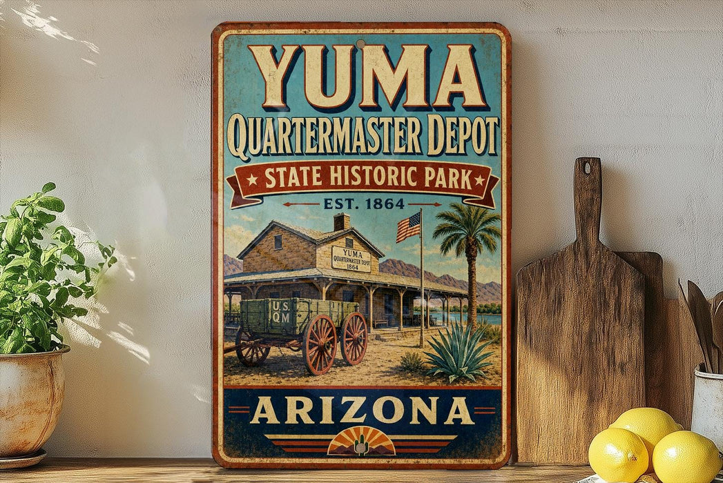 A vintage-style sign for Yuma Quartermaster Depot, a historic park in Arizona, featuring a wagon and a desert landscape.