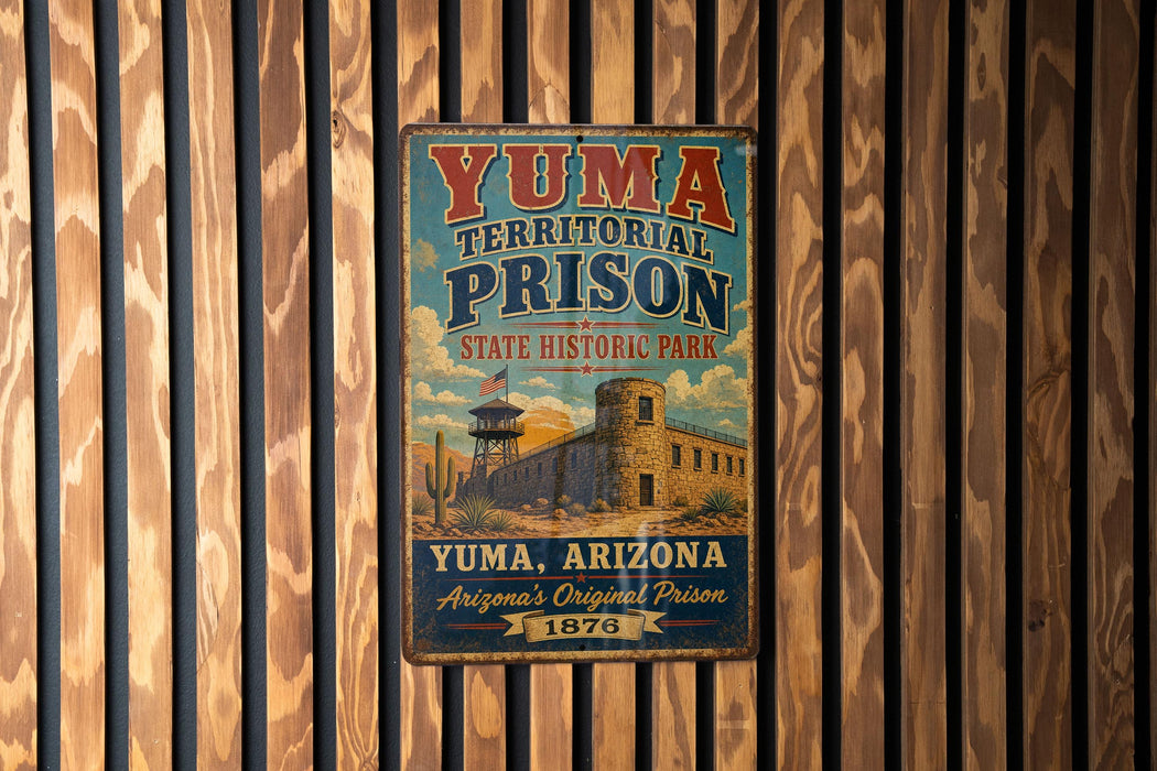A vintage-style metal sign for Yuma Territorial Prison, featuring a castle and a tower, is displayed on a wooden wall.