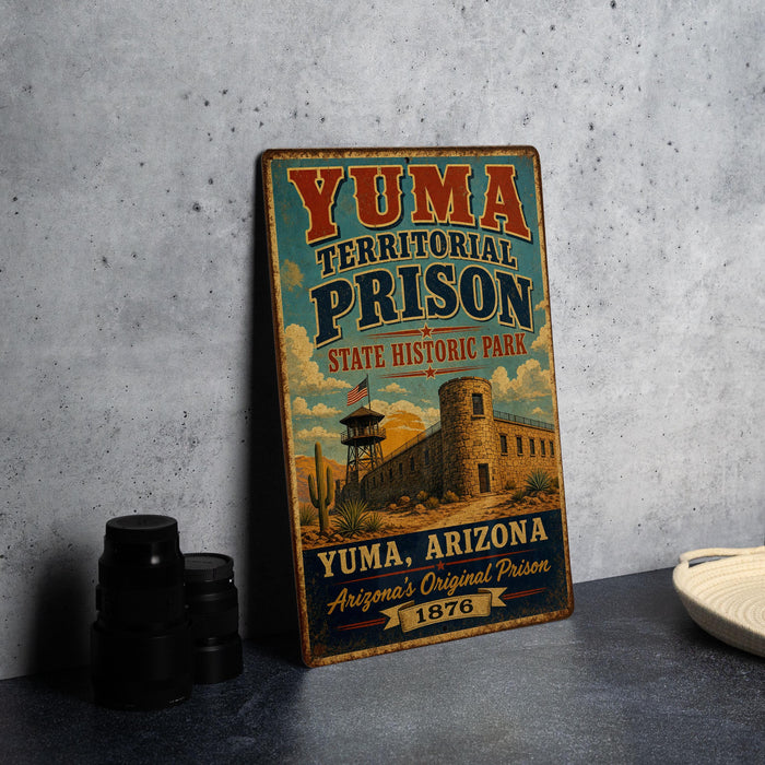 A vintage-style metal sign for Yuma Territorial Prison, featuring an illustration of a historic building and the text "Yuma, Arizona Arizona's Original Prison 1876".