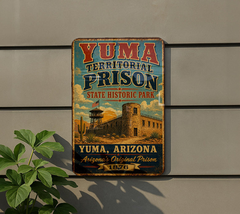 A vintage-style sign for Yuma Territorial Prison, featuring a desert landscape with a castle-like structure, is displayed on a wall.