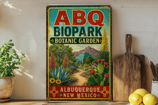 a vintage-style metal sign for the Abq Biopark Botanic Garden in Albuquerque, New Mexico, with a desert landscape and cacti on display.