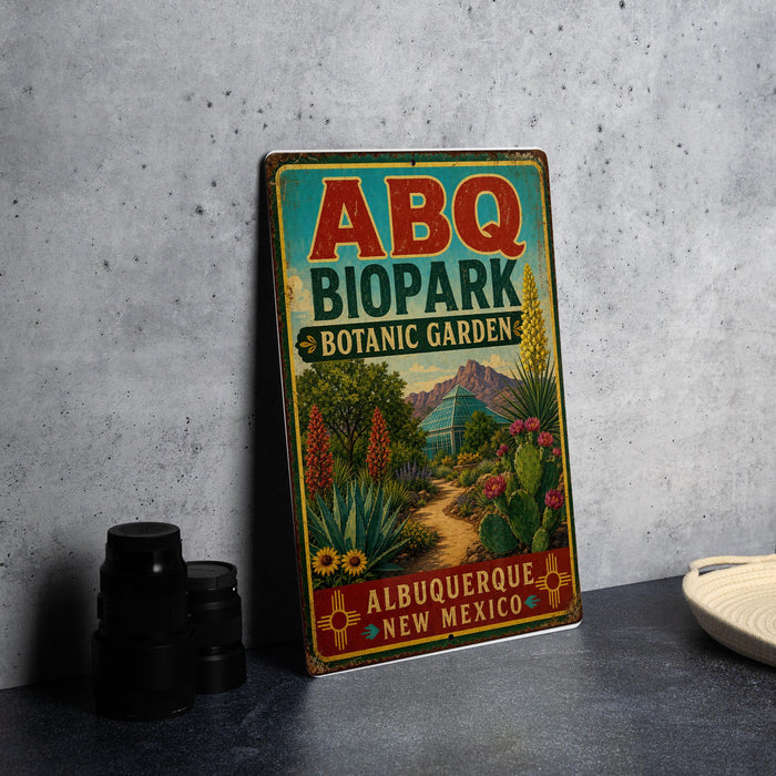 a vintage-style metal sign for the Abq Biopark Botanic Garden in Albuquerque, New Mexico.