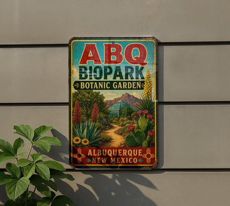 a vintage-style metal sign for the Abq Biopark Botanic Garden in Albuquerque, New Mexico.