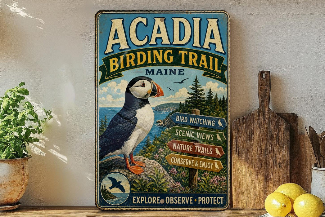 A vintage-style metal sign for the Acadia Birding Trail in Maine, featuring a puffin bird and various trail descriptions.