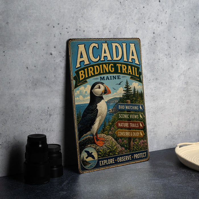 A vintage metal sign for the Acadia Birding Trail in Maine, featuring a puffin bird and various trail descriptions.