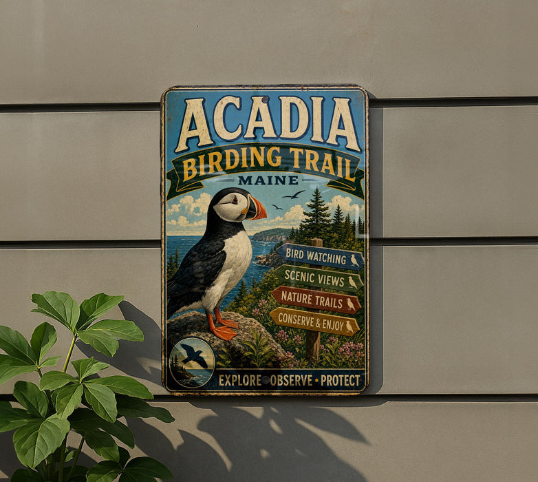 A metal sign on a wall that reads "ACADIA BIRDING TRAIL MAINE" with a puffin bird illustration.