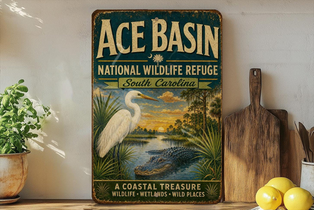 A vintage-style sign for Ace Basin National Wildlife Refuge in South Carolina, featuring an illustration of a white egret and a crocodile in a tropical setting.